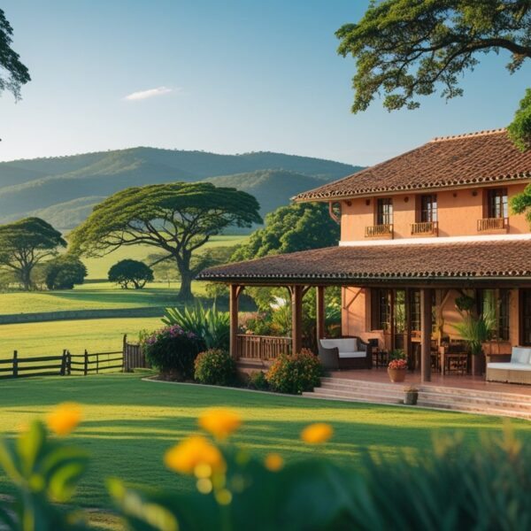 Hotel fazenda rústico cercado por pastagens verdes e árvores, com edifícios de madeira e telhados de terracota, jardins floridos e colinas ao fundo.