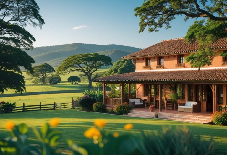 Hotel fazenda rústico cercado por pastagens verdes e árvores, com edifícios de madeira e telhados de terracota, jardins floridos e colinas ao fundo.