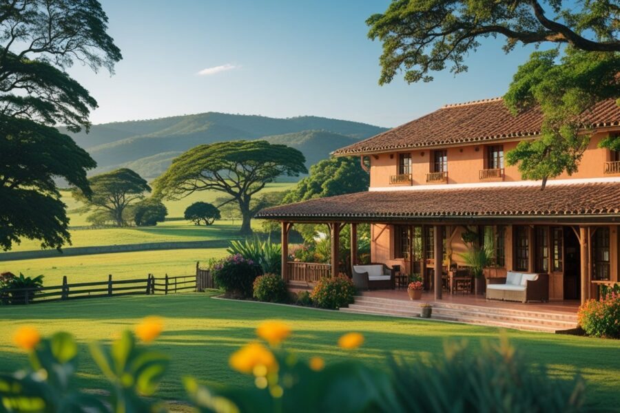 Hotel fazenda rústico cercado por pastagens verdes e árvores, com edifícios de madeira e telhados de terracota, jardins floridos e colinas ao fundo.