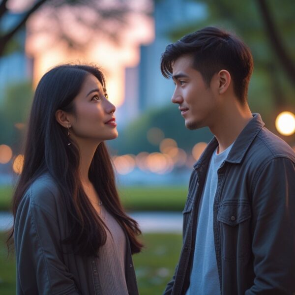 Um homem e uma mulher jovens em um parque ao entardecer, olhando um para o outro com expressões pensativas e emocionais.