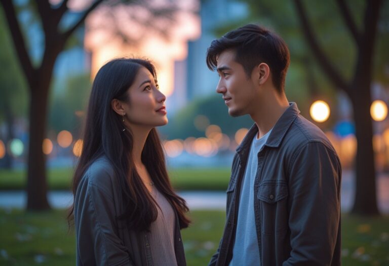 Um homem e uma mulher jovens em um parque ao entardecer, olhando um para o outro com expressões pensativas e emocionais.