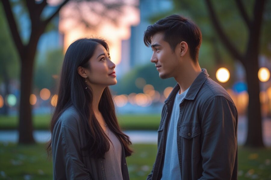Um homem e uma mulher jovens em um parque ao entardecer, olhando um para o outro com expressões pensativas e emocionais.