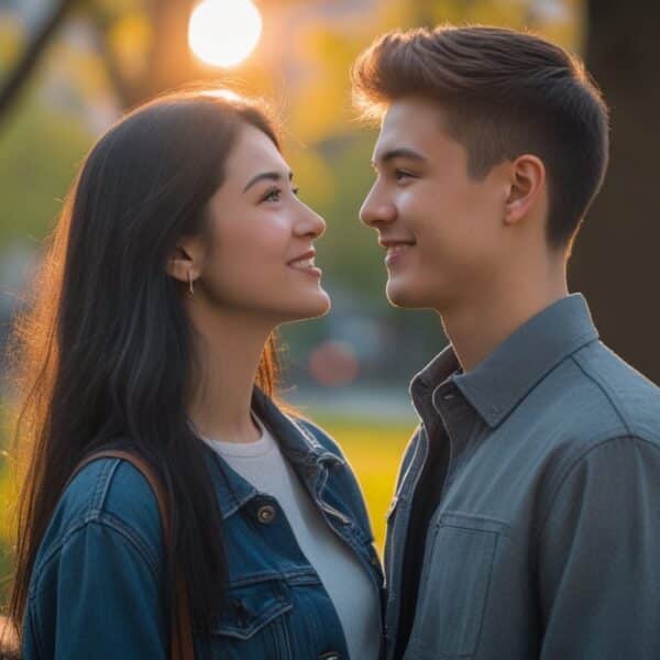 Um casal jovem olhando um para o outro com carinho em um parque urbano durante o pôr do sol.