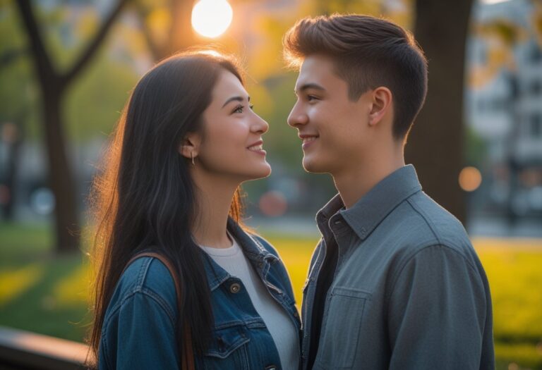 Um casal jovem olhando um para o outro com carinho em um parque urbano durante o pôr do sol.