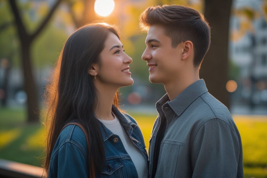 Um casal jovem olhando um para o outro com carinho em um parque urbano durante o pôr do sol.