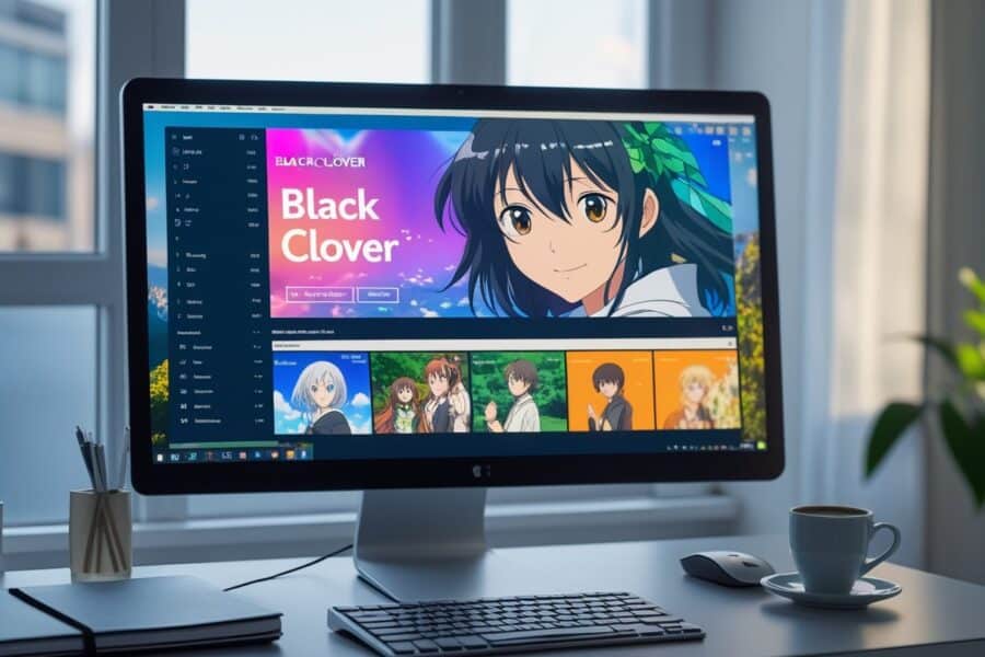 Mesa de trabalho moderna com computador mostrando site de streaming de anime com a série Black Clover e lista de episódios.