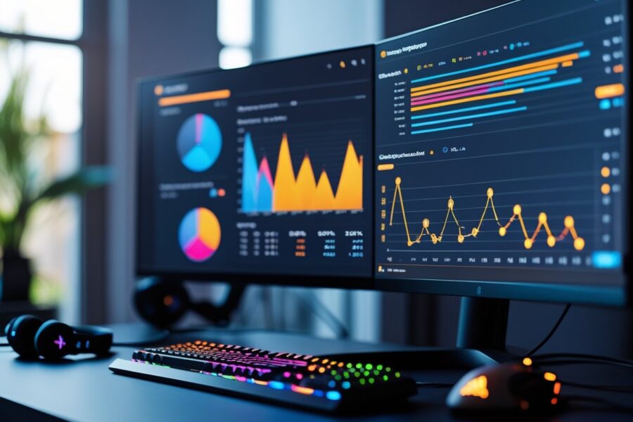Uma mesa de trabalho moderna com um monitor exibindo gráficos coloridos de estatísticas de jogo, teclado, mouse, fones de ouvido e controle de videogame ao redor.