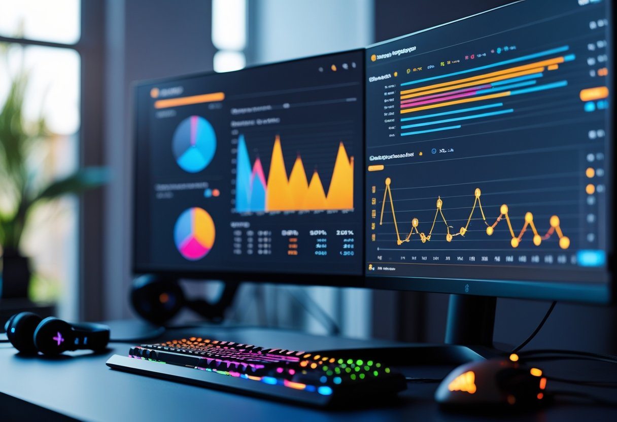 Uma mesa de trabalho moderna com um monitor exibindo gráficos coloridos de estatísticas de jogo, teclado, mouse, fones de ouvido e controle de videogame ao redor.