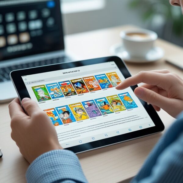 Pessoa usando um tablet para ler quadrinhos digitais em uma mesa organizada com laptop, caderno e café.