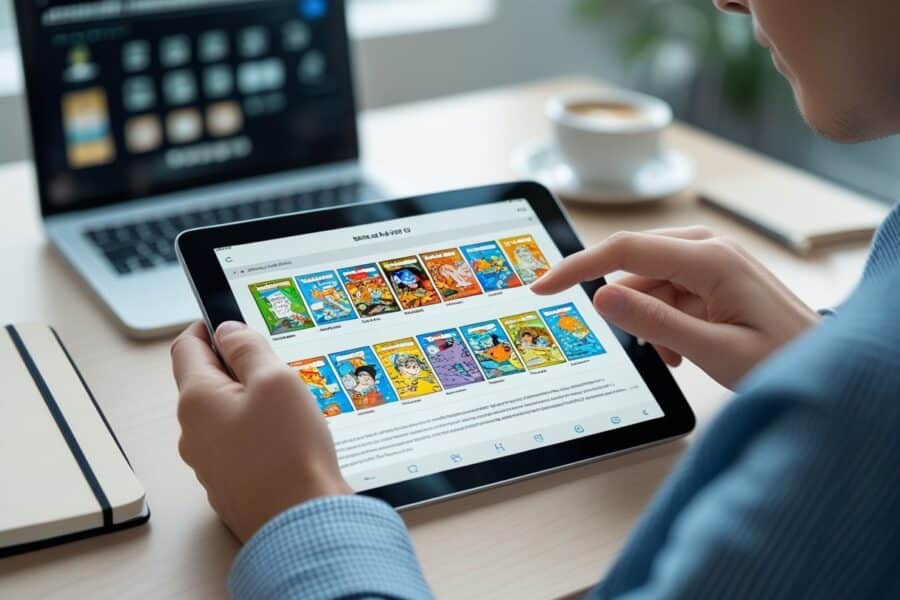 Pessoa usando um tablet para ler quadrinhos digitais em uma mesa organizada com laptop, caderno e café.