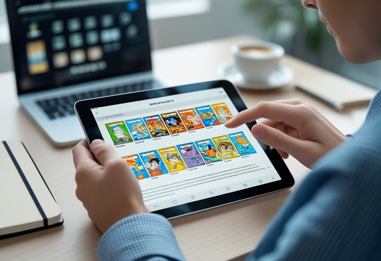 Pessoa usando um tablet para ler quadrinhos digitais em uma mesa organizada com laptop, caderno e café.