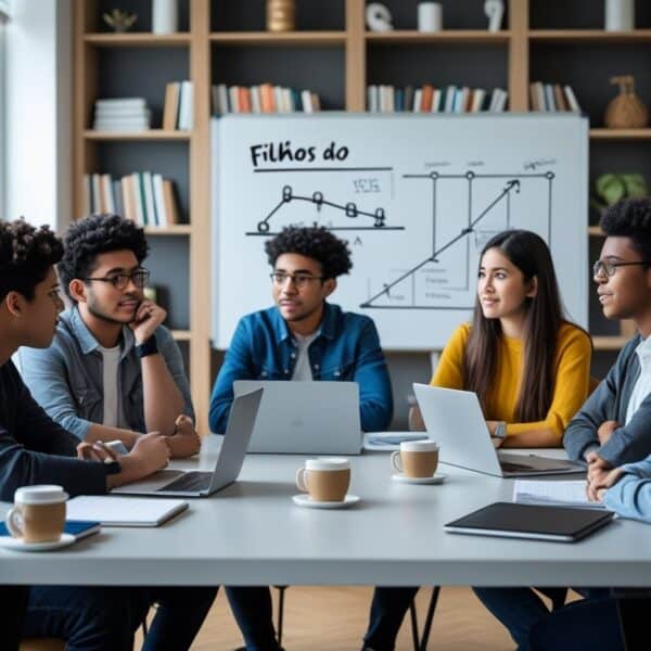 Grupo de jovens discutindo em uma sala moderna com mesa, notebooks e laptops, em uma reunião focada e colaborativa.