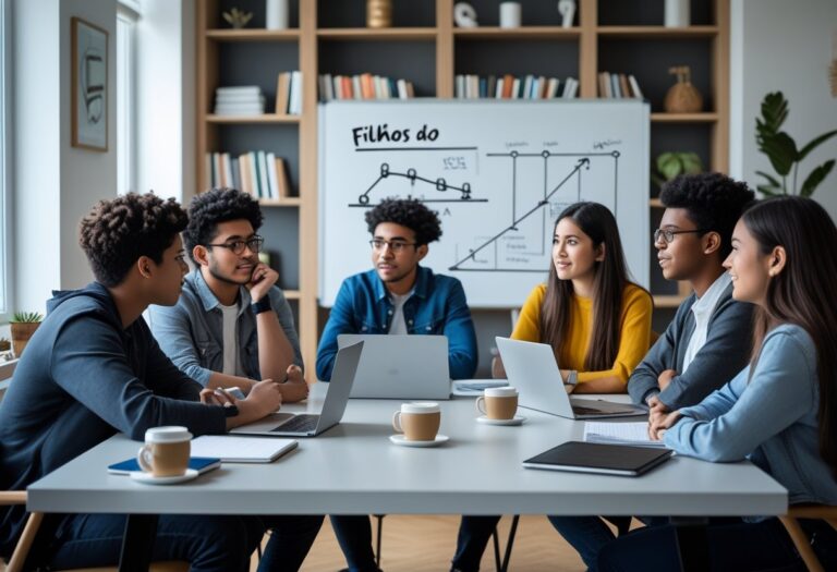 Grupo de jovens discutindo em uma sala moderna com mesa, notebooks e laptops, em uma reunião focada e colaborativa.