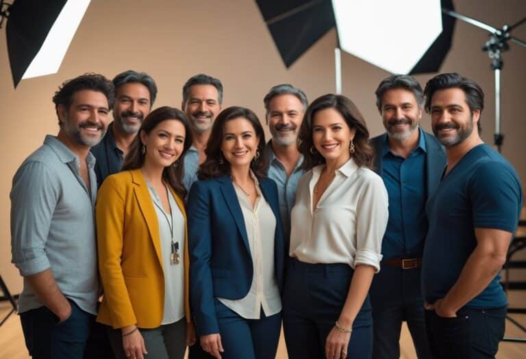 Um grupo diversificado de atores posando juntos em um set de filmagem, sorrindo e interagindo de forma natural.