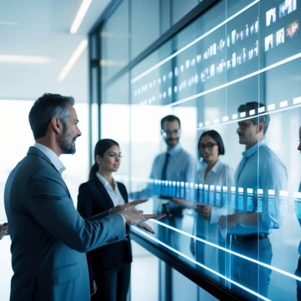 Profissionais analisando uma sequência de dados em uma tela transparente em um ambiente de escritório moderno.