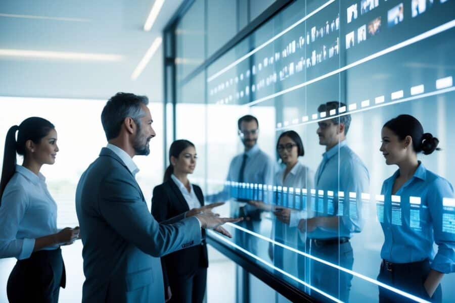 Profissionais analisando uma sequência de dados em uma tela transparente em um ambiente de escritório moderno.