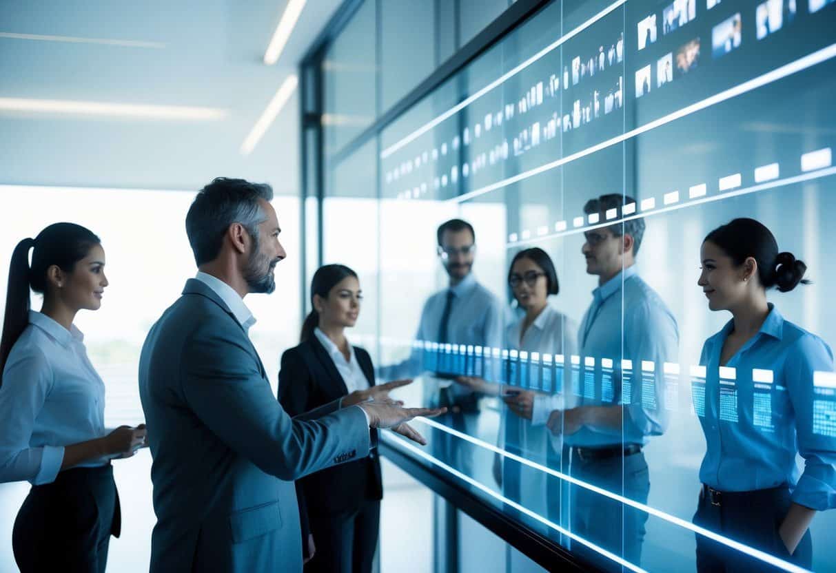 Profissionais analisando uma sequência de dados em uma tela transparente em um ambiente de escritório moderno.