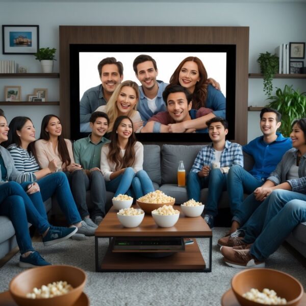 Um grupo de jovens assistindo a um filme em uma sala de estar aconchegante, com sofá, mesa de centro e televisão grande.