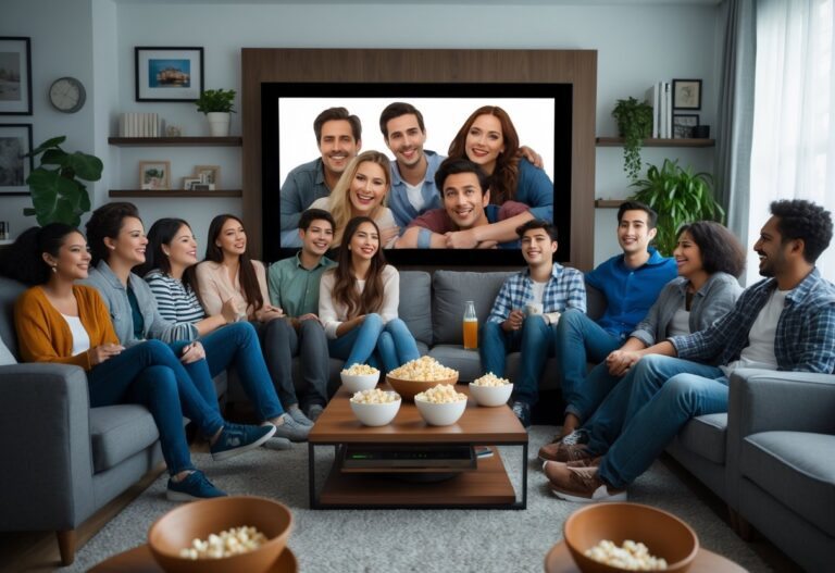 Um grupo de jovens assistindo a um filme em uma sala de estar aconchegante, com sofá, mesa de centro e televisão grande.