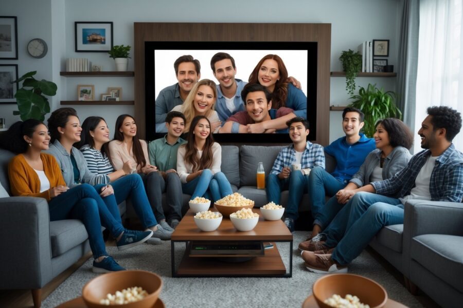 Um grupo de jovens assistindo a um filme em uma sala de estar aconchegante, com sofá, mesa de centro e televisão grande.