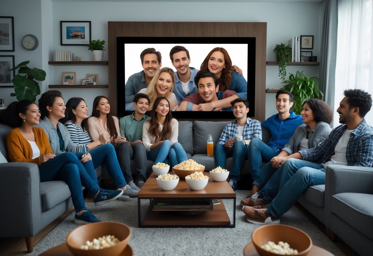 Um grupo de jovens assistindo a um filme em uma sala de estar aconchegante, com sofá, mesa de centro e televisão grande.