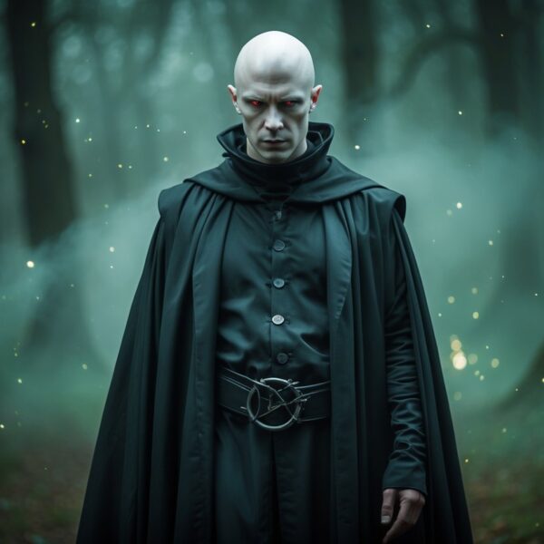 Ator vestido como um bruxo sombrio com rosto pálido e sem nariz, usando uma túnica preta, em uma floresta nebulosa e escura.