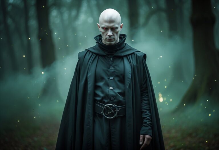 Ator vestido como um bruxo sombrio com rosto pálido e sem nariz, usando uma túnica preta, em uma floresta nebulosa e escura.