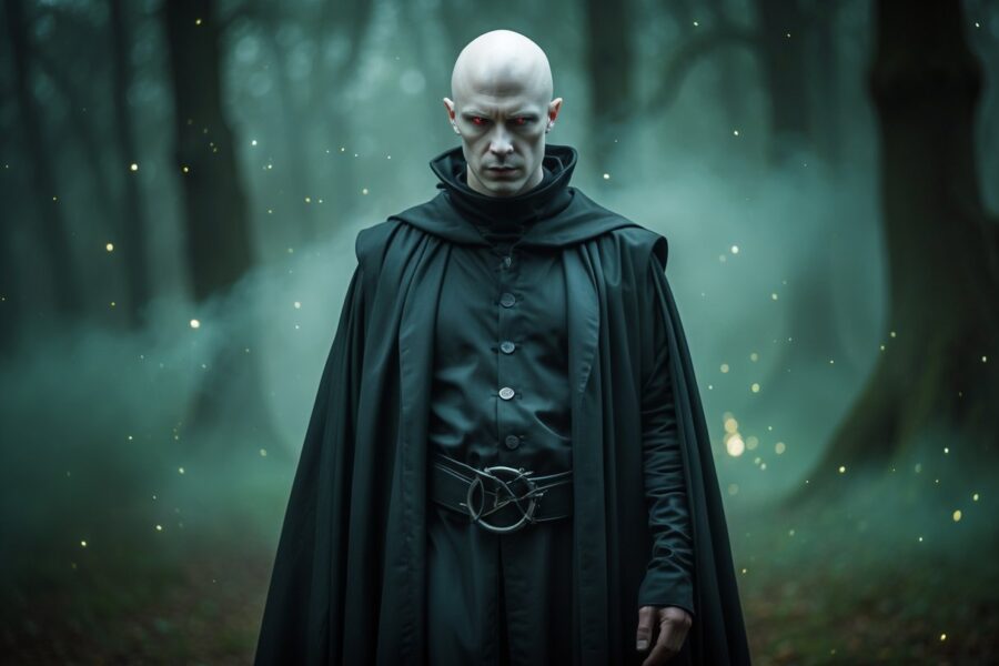 Ator vestido como um bruxo sombrio com rosto pálido e sem nariz, usando uma túnica preta, em uma floresta nebulosa e escura.