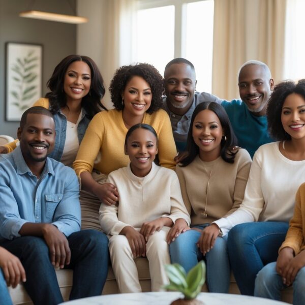 Uma família Wayans reunida em uma sala de estar aconchegante, sorrindo e interagindo de forma natural.