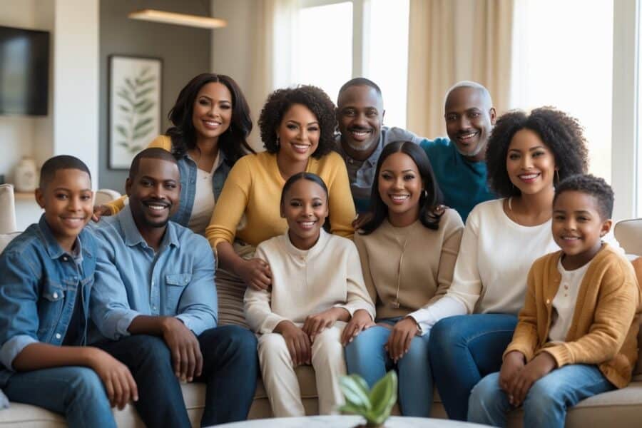 Uma família Wayans reunida em uma sala de estar aconchegante, sorrindo e interagindo de forma natural.