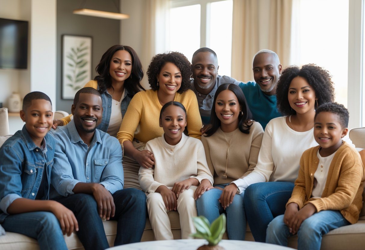 Uma família Wayans reunida em uma sala de estar aconchegante, sorrindo e interagindo de forma natural.
