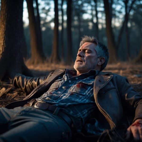Homem de meia-idade ferido deitado no chão de uma floresta ao entardecer, com expressão cansada e triste.