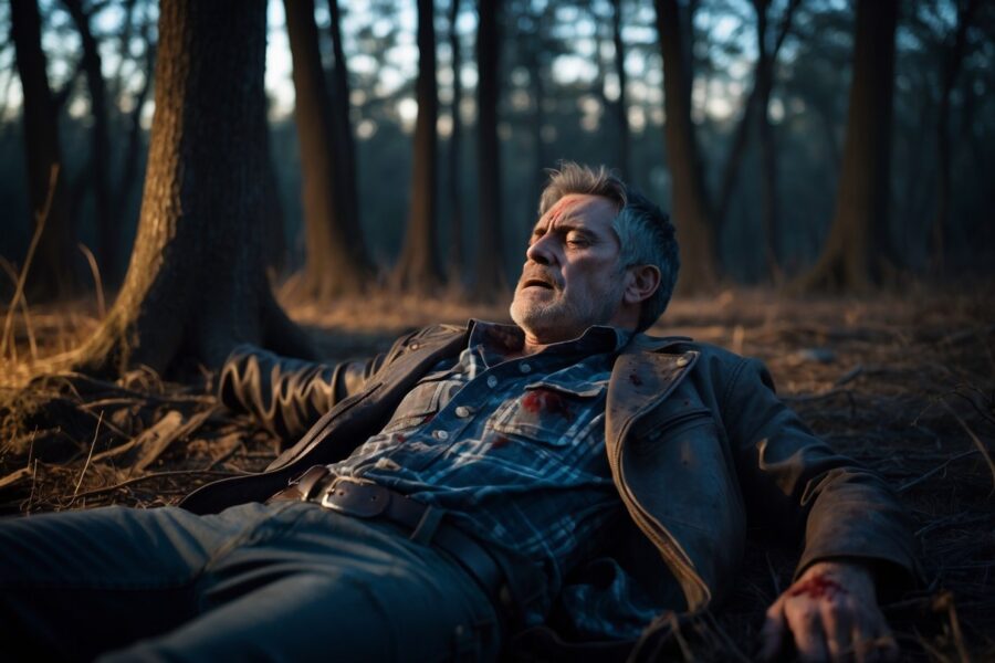 Homem de meia-idade ferido deitado no chão de uma floresta ao entardecer, com expressão cansada e triste.