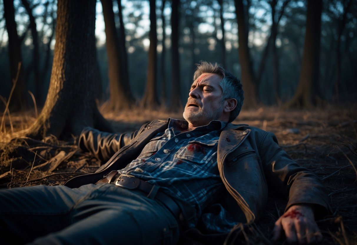Homem de meia-idade ferido deitado no chão de uma floresta ao entardecer, com expressão cansada e triste.