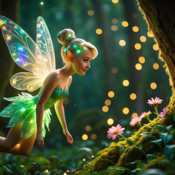Uma fada brilhante com asas translúcidas voando em uma floresta verde e encantada, iluminando flores e árvores ao redor.