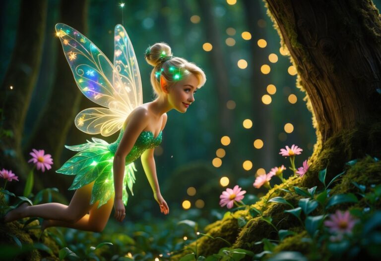Uma fada brilhante com asas translúcidas voando em uma floresta verde e encantada, iluminando flores e árvores ao redor.