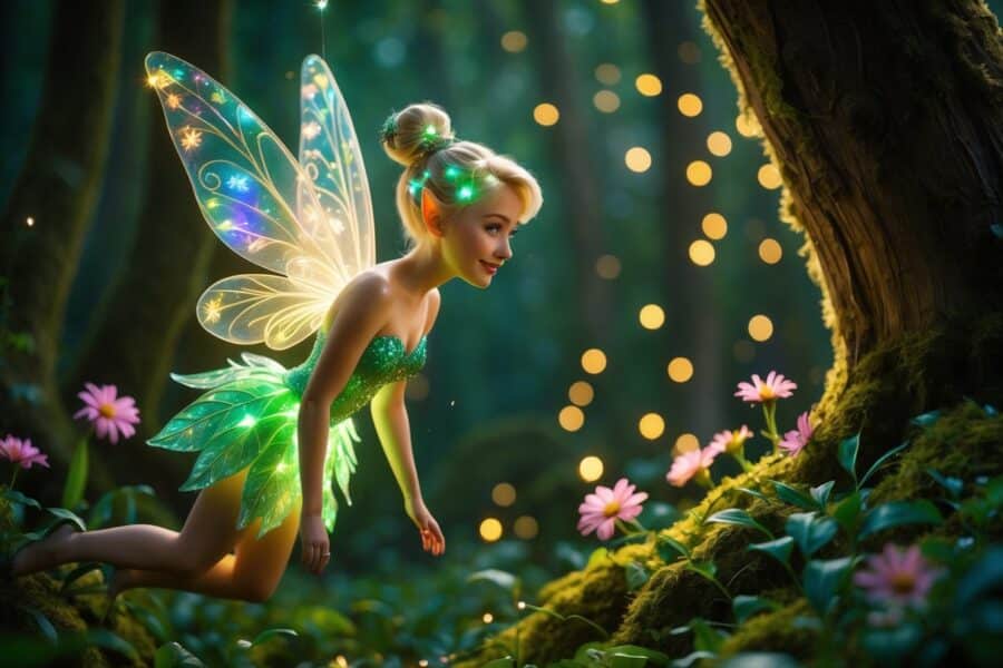Uma fada brilhante com asas translúcidas voando em uma floresta verde e encantada, iluminando flores e árvores ao redor.