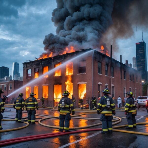 Bombeiros combatendo um incêndio em um prédio na cidade de Chicago, com fumaça preta e veículos de emergência ao redor.