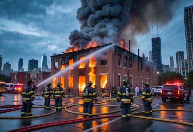 Bombeiros combatendo um incêndio em um prédio na cidade de Chicago, com fumaça preta e veículos de emergência ao redor.