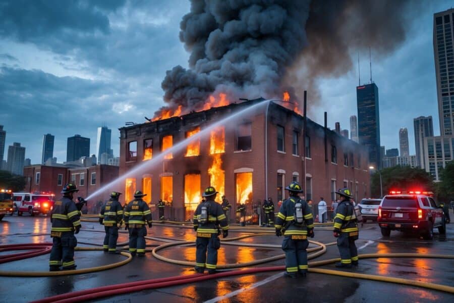 Bombeiros combatendo um incêndio em um prédio na cidade de Chicago, com fumaça preta e veículos de emergência ao redor.