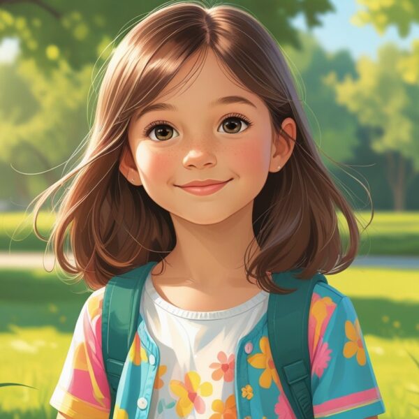 Menina jovem em um parque com cabelos castanhos e sorriso gentil, vestindo roupas coloridas.