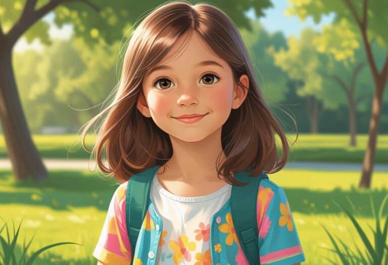 Menina jovem em um parque com cabelos castanhos e sorriso gentil, vestindo roupas coloridas.