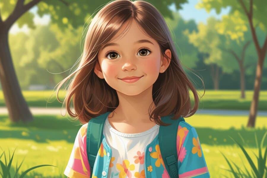 Menina jovem em um parque com cabelos castanhos e sorriso gentil, vestindo roupas coloridas.