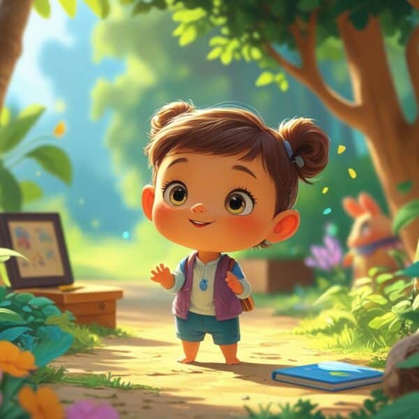 Um personagem pequeno e adorável em um cenário ao ar livre, com expressão curiosa e esperançosa, cercado por elementos que sugerem uma continuação.