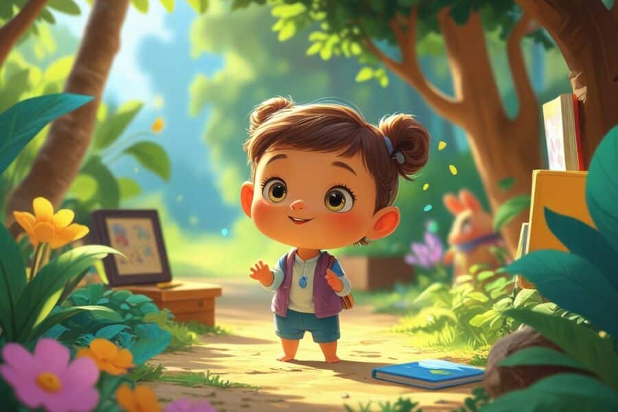 Um personagem pequeno e adorável em um cenário ao ar livre, com expressão curiosa e esperançosa, cercado por elementos que sugerem uma continuação.