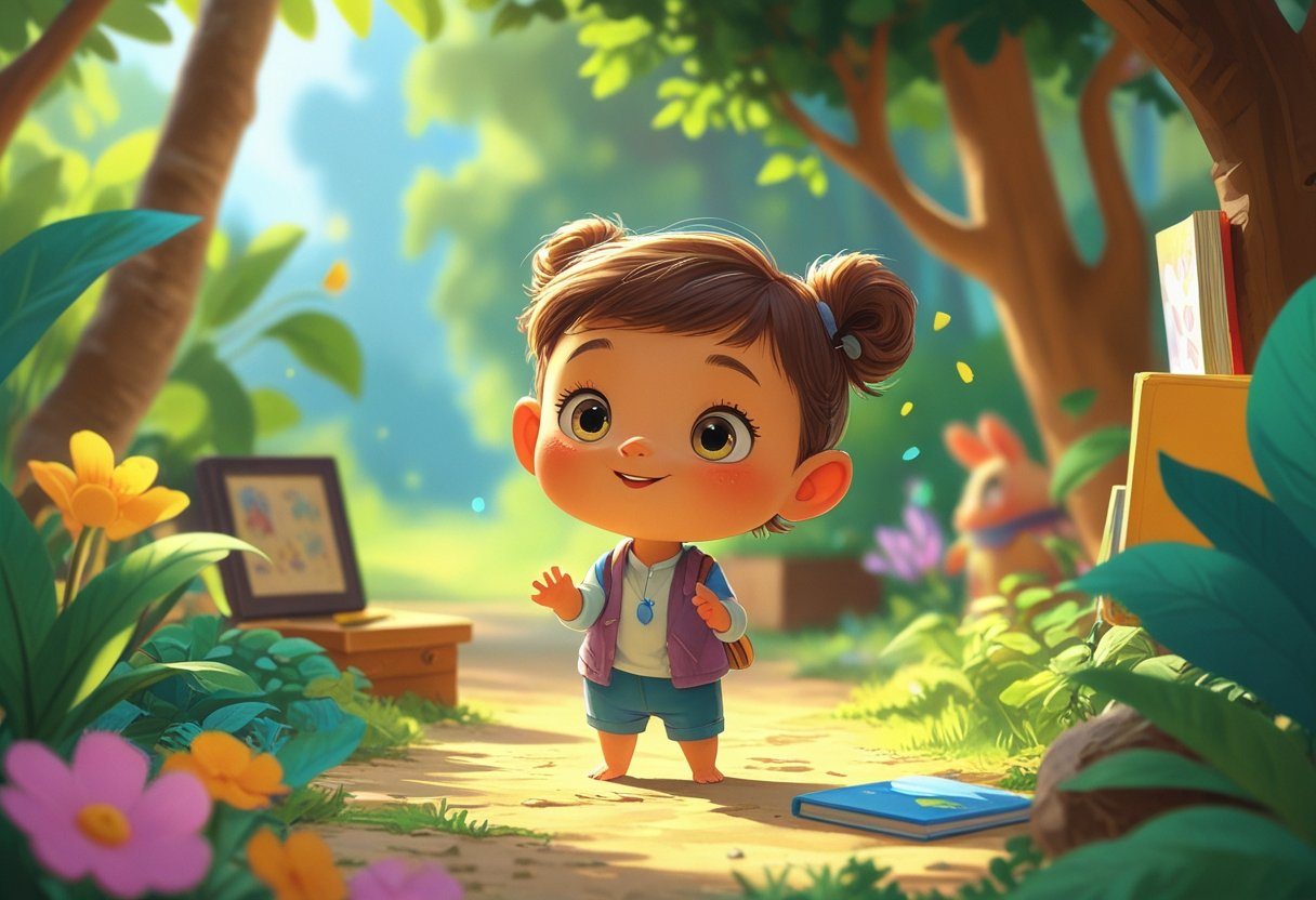 Um personagem pequeno e adorável em um cenário ao ar livre, com expressão curiosa e esperançosa, cercado por elementos que sugerem uma continuação.