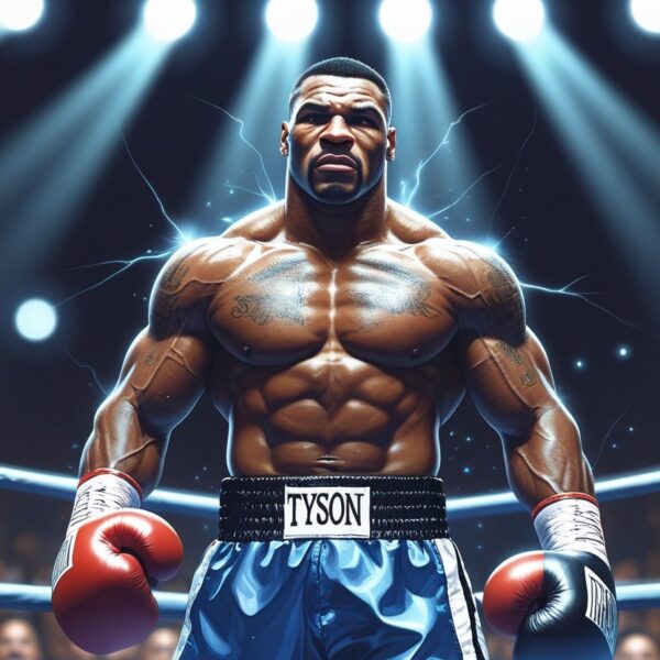 Tyson vitorioso em um ringue de boxe, com expressão determinada e luzes brilhantes ao redor, simbolizando força e superação.