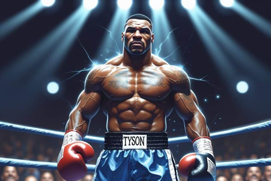 Tyson vitorioso em um ringue de boxe, com expressão determinada e luzes brilhantes ao redor, simbolizando força e superação.