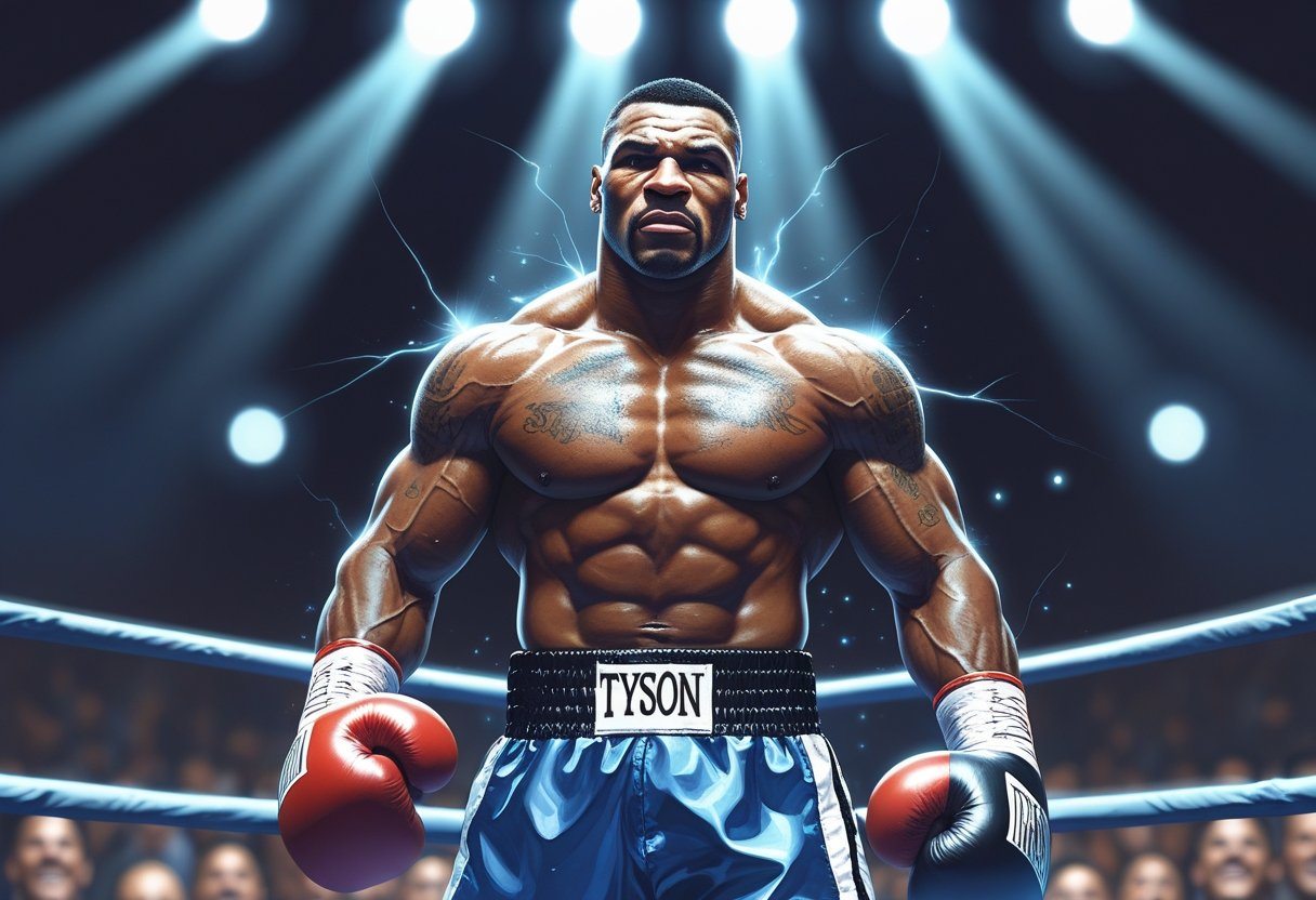 Tyson vitorioso em um ringue de boxe, com expressão determinada e luzes brilhantes ao redor, simbolizando força e superação.