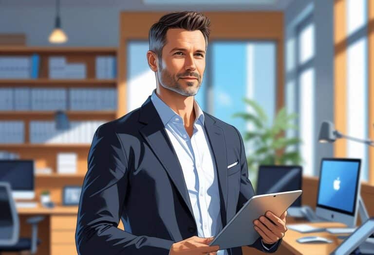 Homem de meia-idade em um escritório moderno segurando um tablet, com expressão confiante e ambiente organizado ao fundo.